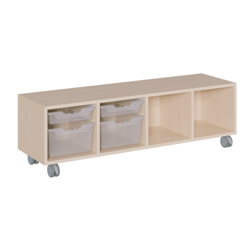 fahrbares Regal in Korpusbauweise B/H/T: 139x42,5x40 cm, in 4 Reihen 2 flache und 2 hohe ErgoTray-Boxen und 2 Fächer