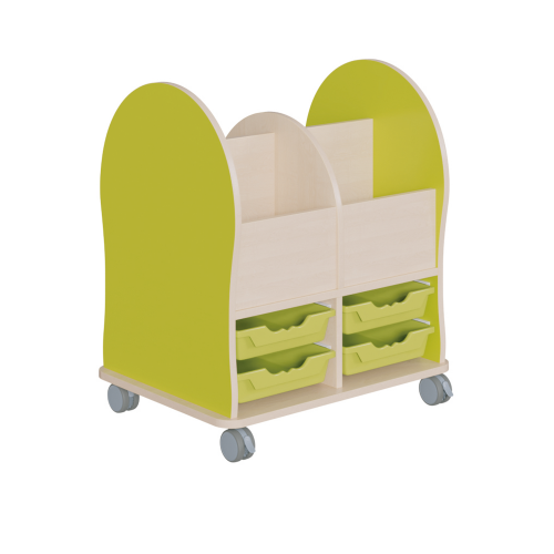 Bücherwagen Leseratte Midi B/H/T: 76x86x55 cm, Bücherwagen mit 4 Fächern, 4 flache Ergo Tray Boxen, gerundete Seitenwangen