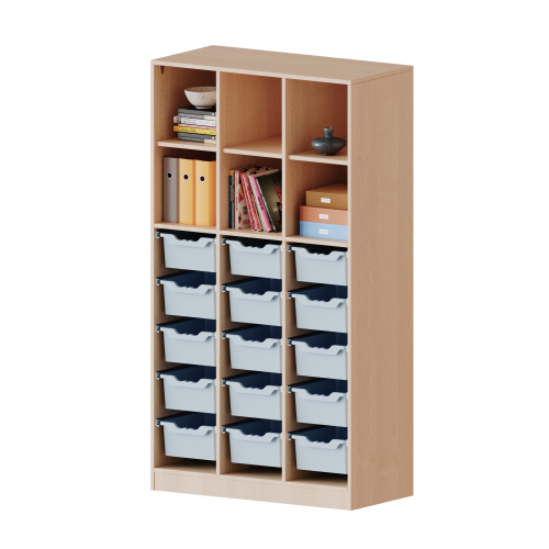 ErgoTray Regal, dreireihig, 5 Ordnerhöhen - evo180 Serie B/H/T: 104,5x190x50 cm, mit Sockel (81 mm) und Mittelwand, unten 15 hohe ErgoTray Boxen, oben 3 Einlegeböden