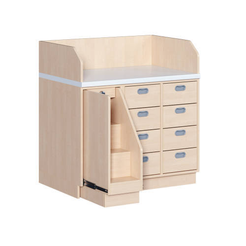 Wickelkommode, dreireihig B/H/T: 107x113x71,5 cm, Ausziehbarer Aufstieg links, 8 Schübe rechts