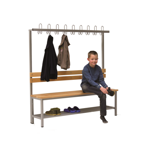 Umkleidebank einseitig mit Massivholz Sitzleisten und Hakenleiste B/H/T: 200x45/155x38 cm, Sitzbank mit Schuhrost, Garderobenleiste mit Dreifachhaken, die RAL- Farbe ist wählbar