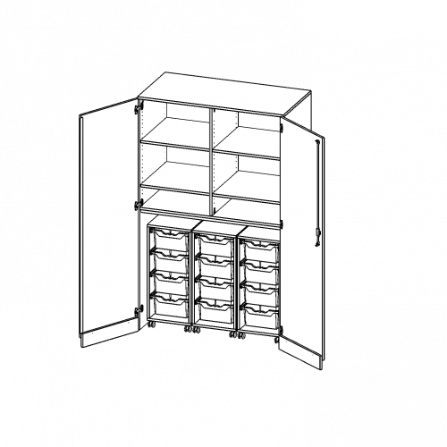 Garagenschrank ohne Sockel, 5 Ordnerhöhen - Serie evo180 B/H/T: 120x190x60 cm, 3 Container mit je 4 hohen ErgoTray Boxen