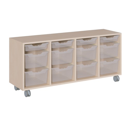 fahrbares Regal in Korpusbauweise B/H/T: 139x62,5x40 cm, in 4 Reihen 4 flache und 8 hohe ErgoTray-Boxen