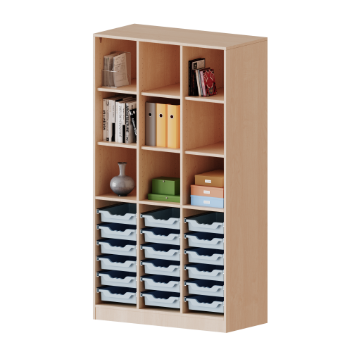 ErgoTray Regal, dreireihig, 5 Ordnerhöhen - evo180 Serie Breite 104,5 cm, Gesamthöhe 190 cm, mit Sockel (81 mm) und Mittelwand, unten 18 flache ErgoTray Boxen, oben 6 Einlegeböden
