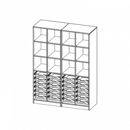 ErgoTray Regal, vierreihig, 5 Ordnerhöhen - evo180 Serie Breite 140,6 cm, Gesamthöhe 190 cm, mit Sockel (81 mm), zweiteilig und Mittelwand, unten 24 flache ErgoTray Boxen, oben 8 Einlegeböden