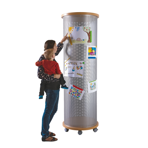 Litfaßsäule mit Lochblech, fahrbar B/H/T: 70x213x70 cm, Infosäule rund aus feuerhemmendem Material