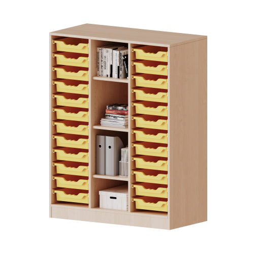 ErgoTray Regal, dreireihig, 3,5 Ordnerhöhen - evo180 Serie Breite 104,5 cm, Gesamthöhe 136 cm, mit Sockel, rechts und links je 12 flache ErgoTray Boxen, 4 Fächer in der Mitte