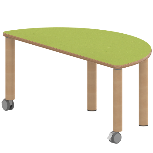 Tisch ZALOTTI mit Linoleum-Belag Halbrundtische, Stellfläche B/T: 120x60 cm, Höhen 25…76 cm, Massivholzbeine Ø 60 mm, Fußvariante: fahrbar