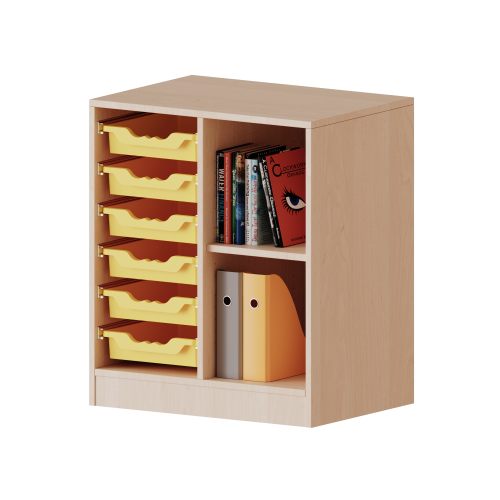 ErgoTray Regal, zweireihig, 2 Ordnerhöhen - evo180 Serie Breite 70,3 cm, Gesamthöhe 82 cm, mit Sockel, rechts 2 Fächer, links 6 flache ErgoTray Boxen