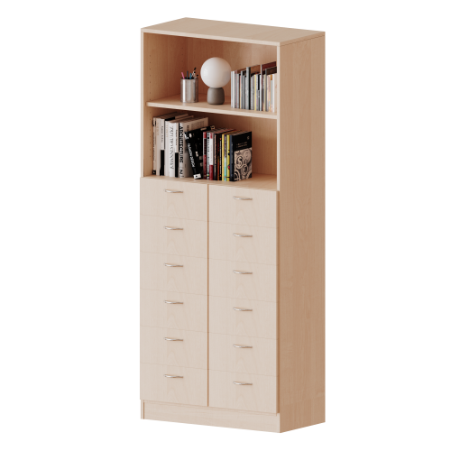 Schubladen - Kombischrank, 5 Ordnerhöhen - Serie evo180 Gesamthöhe 190 cm, 12 Schubladen unten, oben 2 offene Fächer, mit Sockel (81 mm)