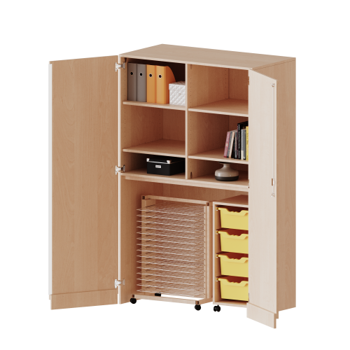 Garagenschrank ohne Sockel, 5 Ordnerhöhen - Serie evo180 B/H/T: 120x190x60 cm, 1 Container mit 4 hohen ErgoTray Boxen und Trockenwagen TW15