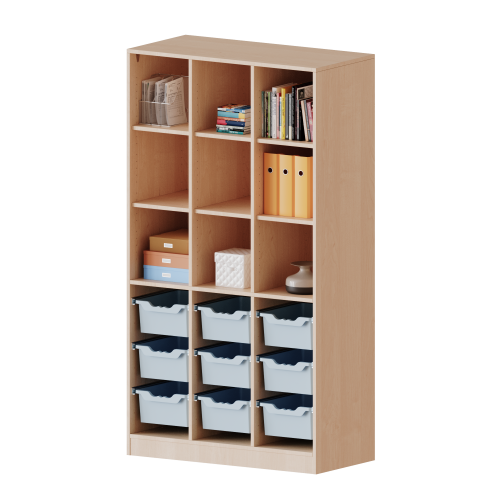 ErgoTray Regal, dreireihig, 5 Ordnerhöhen - evo180 Serie Breite 104,5 cm, Gesamthöhe 190 cm, mit Sockel (81 mm) und Mittelwand, unten 9 hohe ErgoTray Boxen, oben 6 Einlegeböden