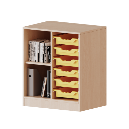 ErgoTray Regal, zweireihig, 2 Ordnerhöhen - evo180 Serie Breite 70,3 cm, Gesamthöhe 82 cm, mit Sockel, links 2 Fächer, rechts 6 flache ErgoTray Boxen