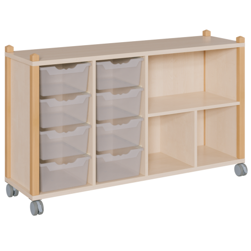 fahrbares Regal in Stollenbauweise B/T: 143,3x40 cm, 4reihig in 3 verschiedenen Höhen, unterschiedlich hohe ErgoTray-Boxen und Fächer