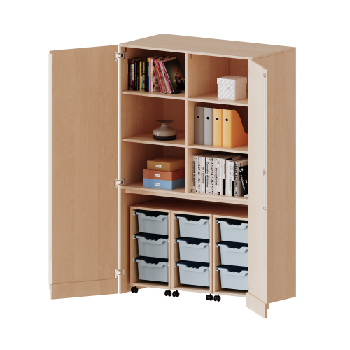 Garagenschrank ohne Sockel, 5 Ordnerhöhen - Serie evo180 B/H/T: 120x190x60 cm, 3 Container mit je 3 hohen ErgoTray Boxen