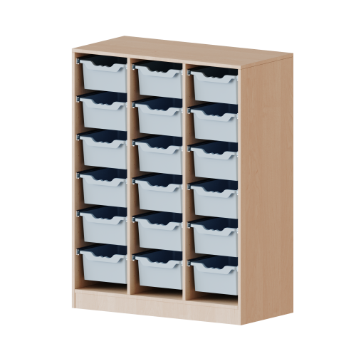 ErgoTray Regal, dreireihig, 3,5 Ordnerhöhen - evo180 Serie Gesamthöhe 136 cm, Breite 104,5 cm, mit Sockel, 16 hohe ErgoTray Boxen