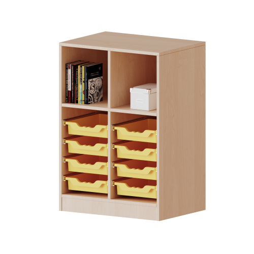 ErgoTray Regal, zweireihig, 2,5 Ordnerhöhen - evo180 Serie B/H/T: 70,3x100x40 cm, Breite 70,3 cm, Gesamthöhe 100 cm, mit Sockel, oben 3 Fächer, unten 8 flache ErgoTray Boxen