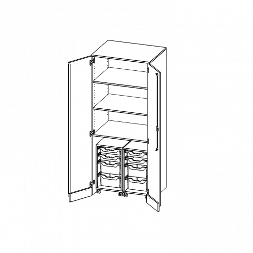 Garagenschrank ohne Sockel, 5 Ordnerhöhen - Serie evo180 B/H/T: 80x190x60 cm, 2 Container mit je 2 flachen und 2 hohen ErgoTray Boxen
