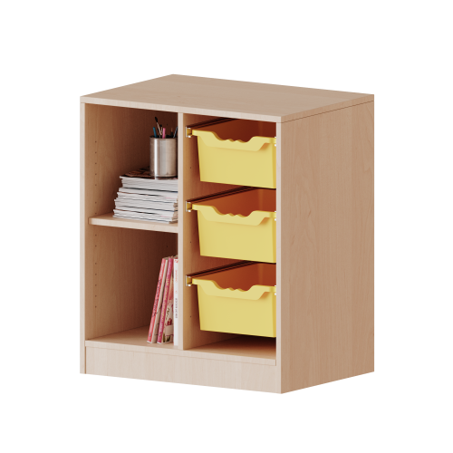 ErgoTray Regal, zweireihig, 2 Ordnerhöhen - evo180 Serie Breite 70,3 cm, Gesamthöhe 82 cm, mit Sockel, links 2 Fächer, rechts 3 hohe ErgoTray Boxen