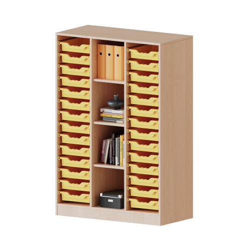 ErgoTray Regal, dreireihig, 4 Ordnerhöhen - evo180 Serie Breite 104,5 cm, Gesamthöhe 154 cm, mit Sockel, rechts und links je 14 flache ErgoTray Boxen, 4 Fächer in der Mitte