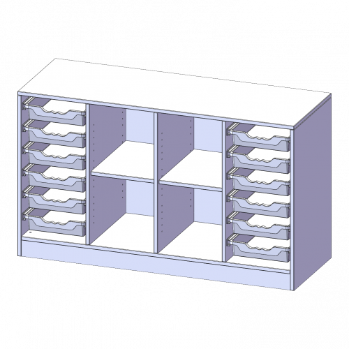ErgoTray Regal, vierreihig, 2 Ordnerhöhen - evo180 Serie Breite 138,7 cm, Gesamthöhe 82 cm, mit Sockel, rechts und links je 6 flache ErgoTray Boxen, in der Mitte 4 offene Fächer