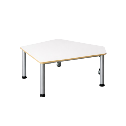 Fahrbarer Fünfecktisch mit Melaminharzbeschichtung verschiedene Größen in 5eck-Form, wählbare Höhe, mit melaminharzbeschichteter Spanplatte, Stahlzargengestell und Rundrohr-Füße Ø 60