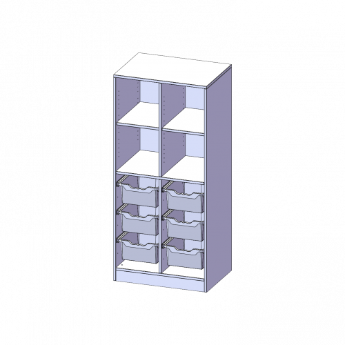 ErgoTray Regal, zweireihig, 4 Ordnerhöhen - evo180 Serie Breite 70,3 cm, Gesamthöhe 154 cm, mit Sockel, oben 4 Fächer, unten 6 hohe ErgoTray Boxen