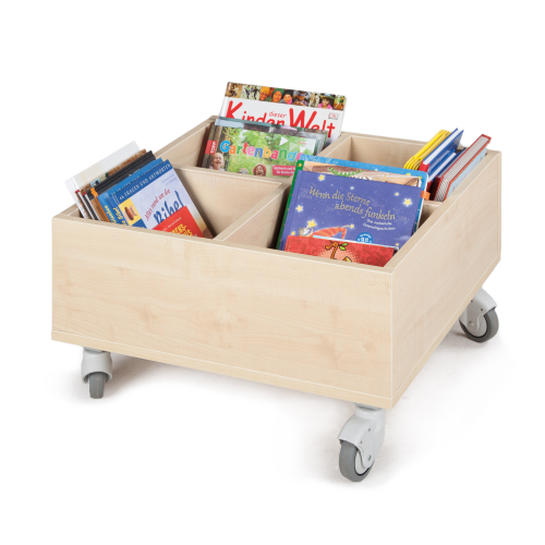 Bücherkiste CuBe, 4 Fächern auf der Oberseite, fahrbar B/H/T: 60x35x60 cm