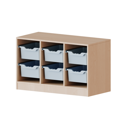 ErgoTray Regal, dreireihig, 1,5 Ordnerhöhen - evo180 Serie B/H/T: 104,5x64x40 cm, Breite 104,5 cm, Gesamthöhe 64 cm, mit Sockel, 6 hohe ErgoTray Boxen