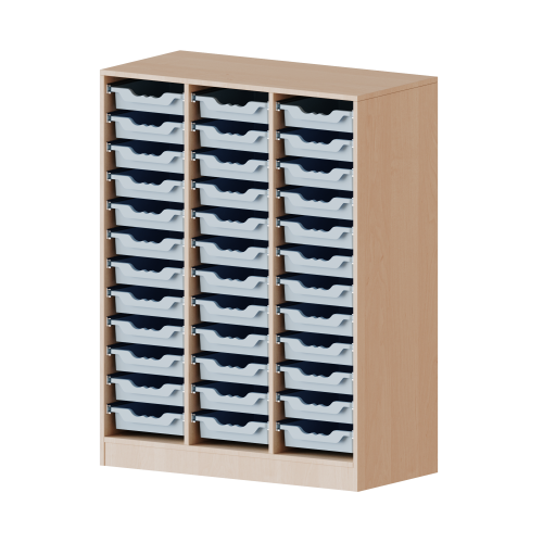 ErgoTray Regal, dreireihig, 3,5 Ordnerhöhen - evo180 Serie Breite 104,5 cm, Gesamthöhe 136 cm, mit Sockel, 36 flache ErgoTray Boxen