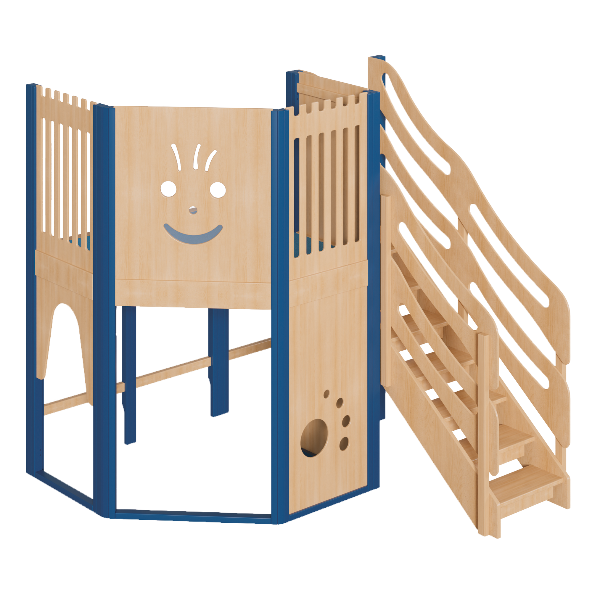 Spielburg, komplett in großer Höhe B/H/T: 228x240x158 cm, 2seitig wandmontiert, Schräge im Grundriss, Treppe als Aufgang, Fußboden mit Teppich