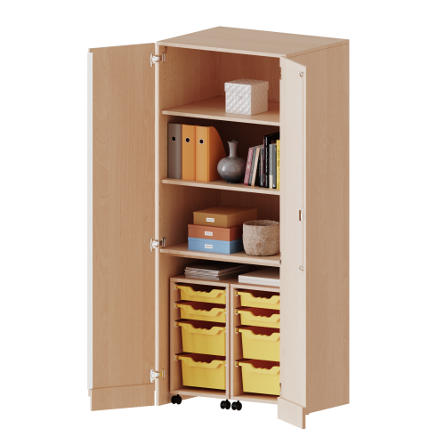 Garagenschrank ohne Sockel, 5 Ordnerhöhen - Serie evo180 B/H/T: 80x190x60 cm, 2 Container mit je 2 flachen und 2 hohen ErgoTray Boxen