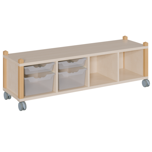 fahrbares Regal in Stollenbauweise B/T: 143,3x40 cm, 4reihig in 3 verschiedenen Höhen, unterschiedlich hohe ErgoTray-Boxen und Fächer