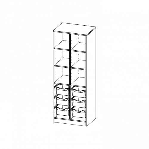 ErgoTray Regal, zweireihig, 5 Ordnerhöhen - evo180 Serie B/H/T: 70,3x190x50 cm, mit Sockel (81 mm) und Mittelwand, unten 6 hohe ErgoTray Boxen, oben 4 Einlegeböden