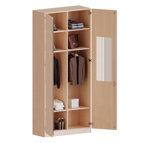 Garderobenschrank mit Spiegel und Garderobenstange, 6 Ordnerhöhen - Serie evo180 Gesamthöhe 226 cm, 2 Türen, abschließbar, mit Mittelwand, beide Seiten Garderobe, mit Sockel (81 mm)