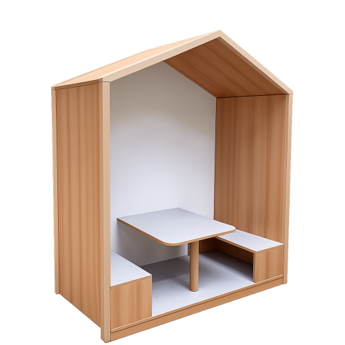 Lernhaus mit Sitzgruppe und Tisch B/H/T: 160x196,5x80 cm, Rückzugshaus mit Tisch und 2 Bänken,  mit Linoleumbeschichtungen, Tisch- und Sitzhöhe in verschiedenen Maßen