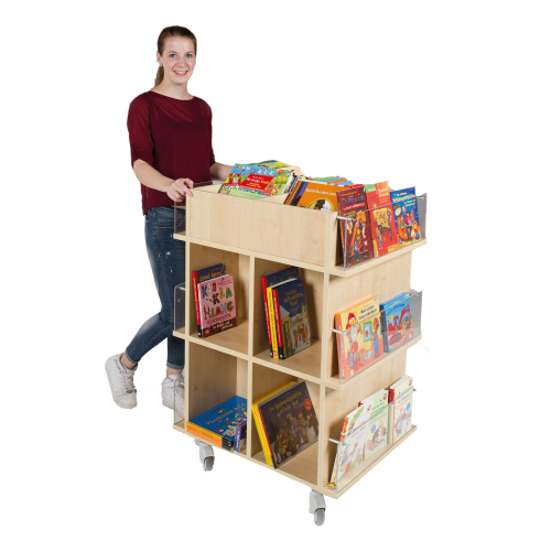Präsentationswagen für Bücher, mit 18 Fächern B/H/T: 73x105x60 cm, Blenden aus Plexiglas