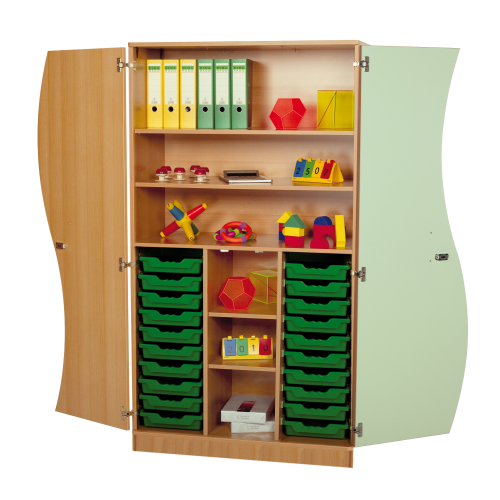Hochschrank mit Wellentüren, 20 flache ErgoTray Boxen & 4 Einlegeböden B/H/T: 104,5x190x50 cm, Türen Farbe Grün