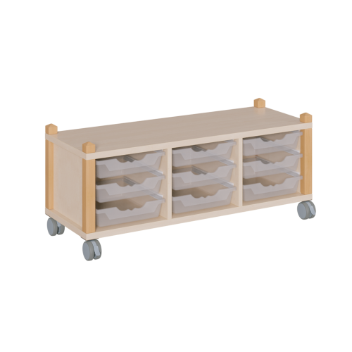 fahrbares Regal in Stollenbauweise B/H/T: 109x42,5x40 cm, in 3 Reihen 9 flache ErgoTray-Boxen