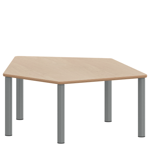 Tisch ZALOTTI mit Schichtstoff-Belag Fünfecktisch-klein, Stellfläche B/T: 121x110 cm, Höhen 25…76 cm, Stahlrohrbeine Ø 60 mm, Fußvariante: Stellfuß