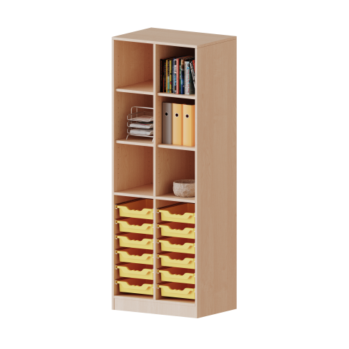 ErgoTray Regal, zweireihig, 5 Ordnerhöhen - evo180 Serie Breite 70,3 cm, Gesamthöhe 190 cm, mit Sockel (81 mm) und Mittelwand, unten 12 flache ErgoTray Boxen, oben 4 Einlegeböden