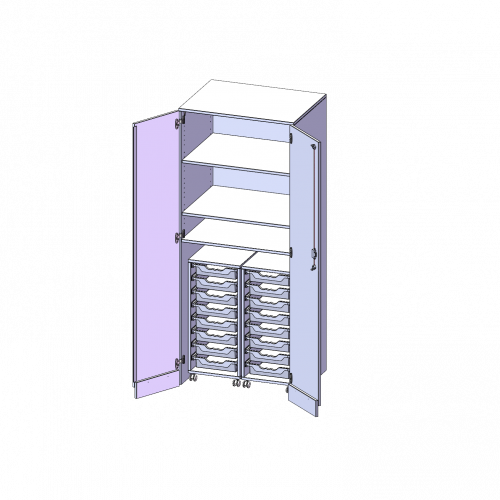 Garagenschrank ohne Sockel, 5 Ordnerhöhen - Serie evo180 B/H/T: 80x190x60 cm, 2 Container mit je 8 flachen ErgoTray Boxen