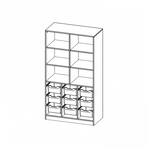 ErgoTray Regal, dreireihig, 5 Ordnerhöhen - evo180 Serie Breite 104,5 cm, Gesamthöhe 190 cm, mit Sockel (81 mm), unten 9 hohe ErgoTray Boxen, oben 4 Einlegeböden