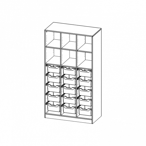 ErgoTray Regal, dreireihig, 5 Ordnerhöhen - evo180 Serie B/H/T: 104,5x190x50 cm, mit Sockel (81 mm) und Mittelwand, unten 15 hohe ErgoTray Boxen, oben 3 Einlegeböden