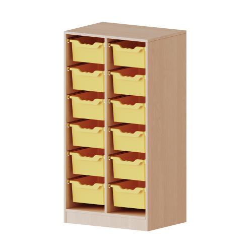 ErgoTray Regal, zweireihig, 3,5 Ordnerhöhen - evo180 Serie Breite 70,3 cm, Gesamthöhe 136 cm, mit Sockel, 12 hohe ErgoTray Boxen