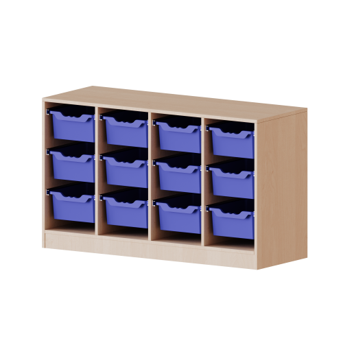 ErgoTray Regal, vierreihig, 2 Ordnerhöhen - evo180 Serie Breite 138,7 cm, Geasmthöhe 82 cm, mit Sockel, 12 hohe ErgoTray Boxen