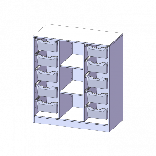 ErgoTray Regal, dreireihig, 3 Ordnerhöhen - evo180 Serie Breite 104,5 cm, Gesamthöhe 118 cm, mit Sockel, rechts und links je 5 hohe ErgoTray Boxen, 3 Fächer in der Mitte