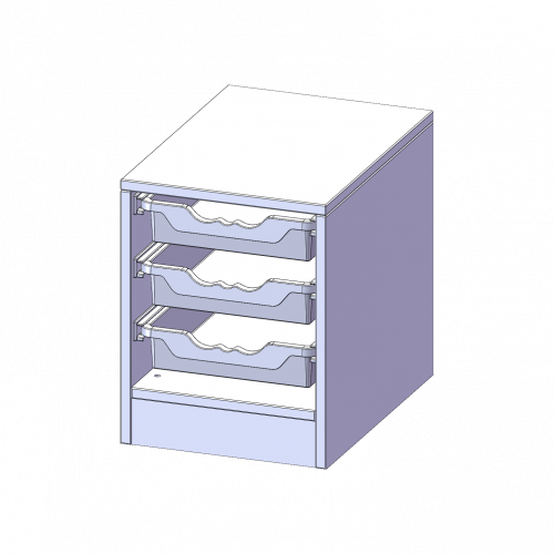 ErgoTray Regal, einreihig, 1 Ordnerhöhe - evo180 Serie B/H/T: 36,1x46x50 cm, mit Sockel (81 mm), 3 flache ErgoTray Boxen