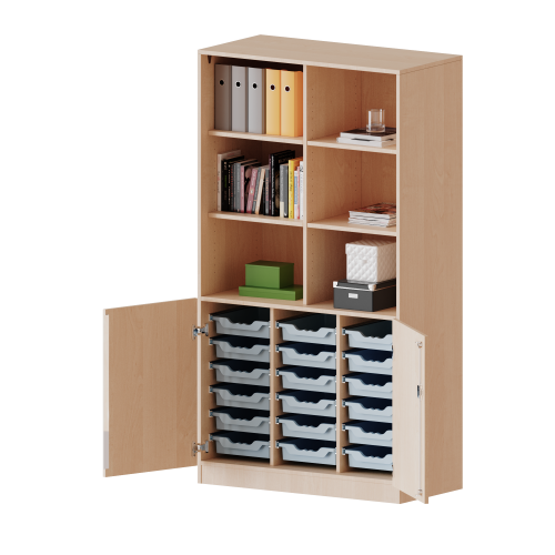 ErgoTray Kombi-Schrank, dreireihig, 5 Ordnerhöhen - evo180 Serie B/H/T: 104,5x190x50 cm, unten 2 OH Türen und 18 flache ErgoTray Boxen, oben 3 OH Regal, Sockel, mit Mittelwand