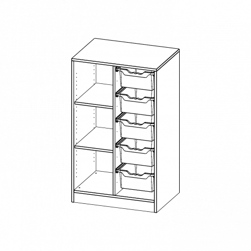 ErgoTray Regal, zweireihig, 3 Ordnerhöhen - evo180 Serie Breite 70,3 cm, Gesamthöhe 118 cm, mit Sockel, links 3 Fächer, rechts 5 hohe ErgoTray Boxen